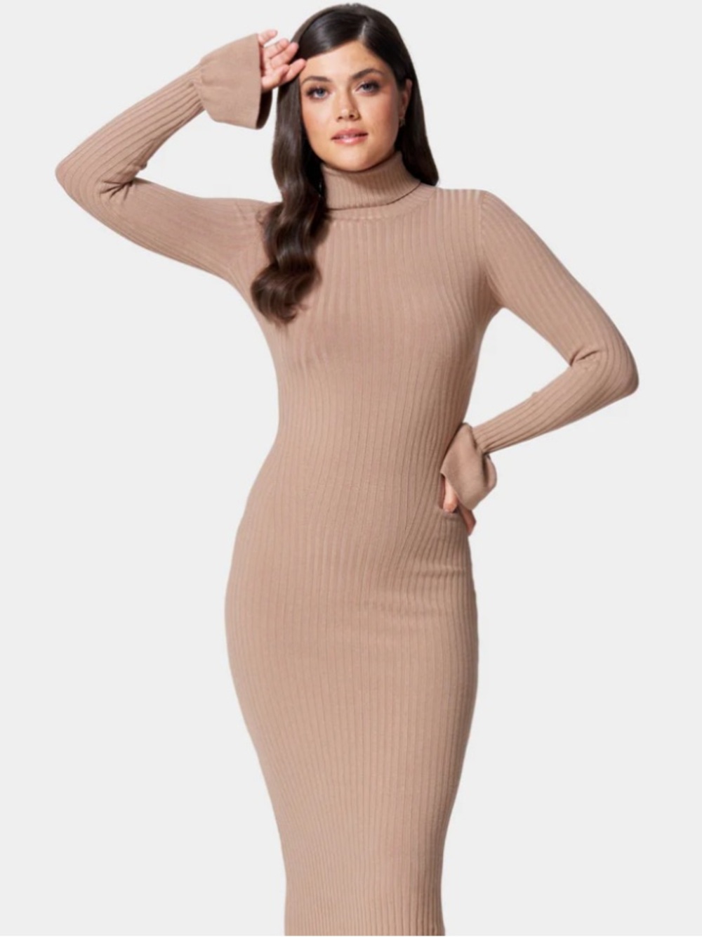 BEBE Bell Sleeve Turtleneck Midi Dress Camel